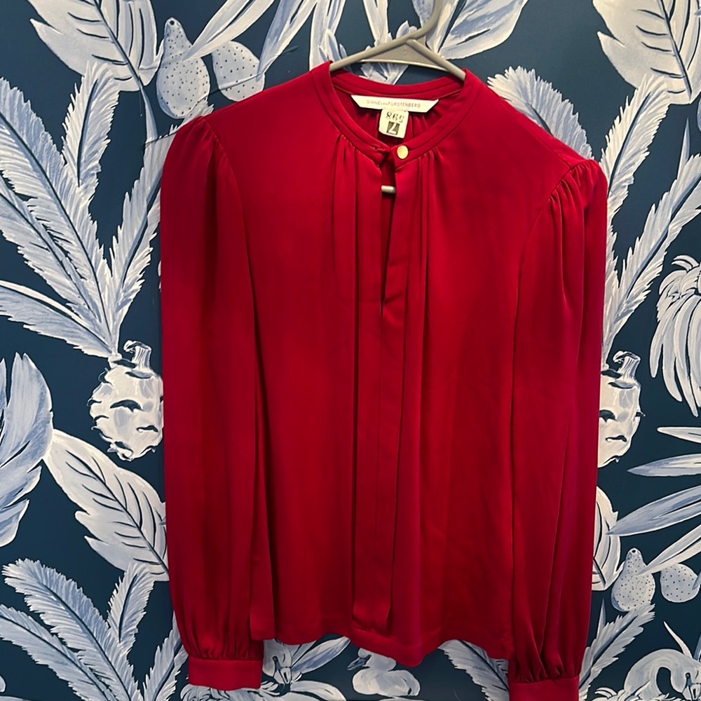 Diane Von Furstenberg Vibrant Red Silk Blouse with Gold Buttons